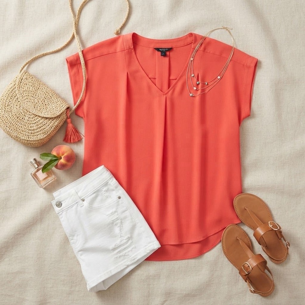 Simply Vera Vera Wang Coral Orange V-Neck Pleated Textured Blouse Large